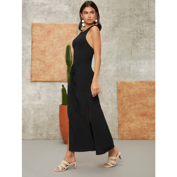 Tie Front Black Dress Maxi Length Thigh Slit - Picture 3 of 7